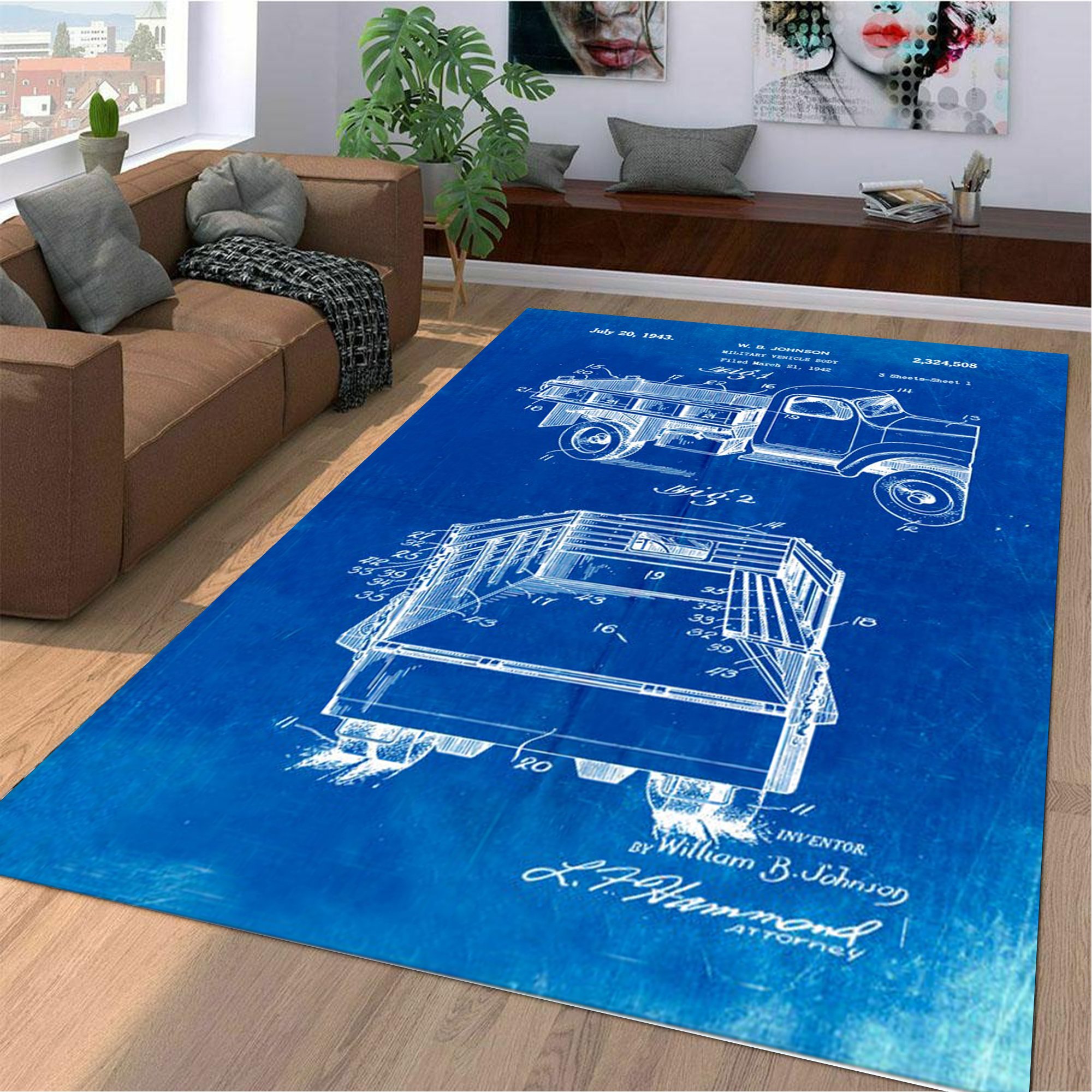 Army Troops Transport Truck Patent Blueprint Area Rug HighSportPrint