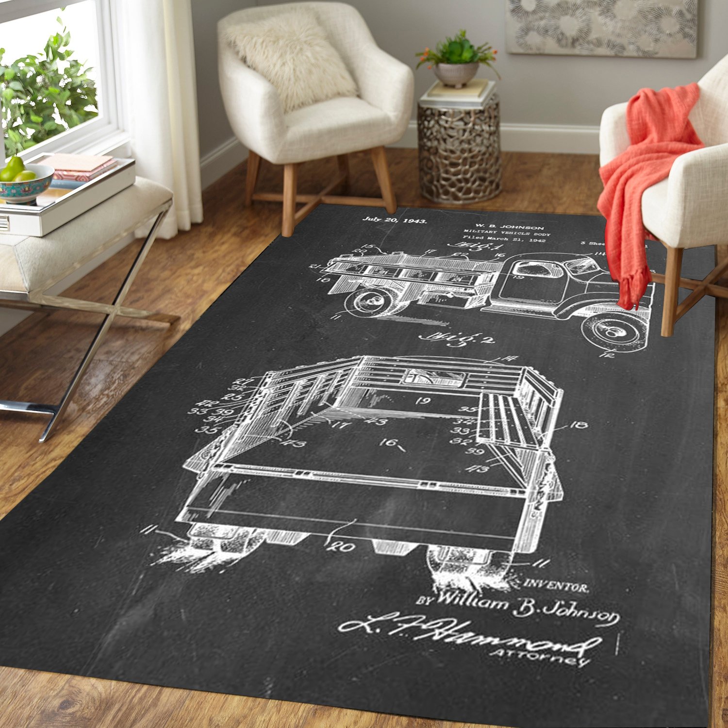 Army Troops Transport Truck Patent Blueprint Area Rug HighSportPrint