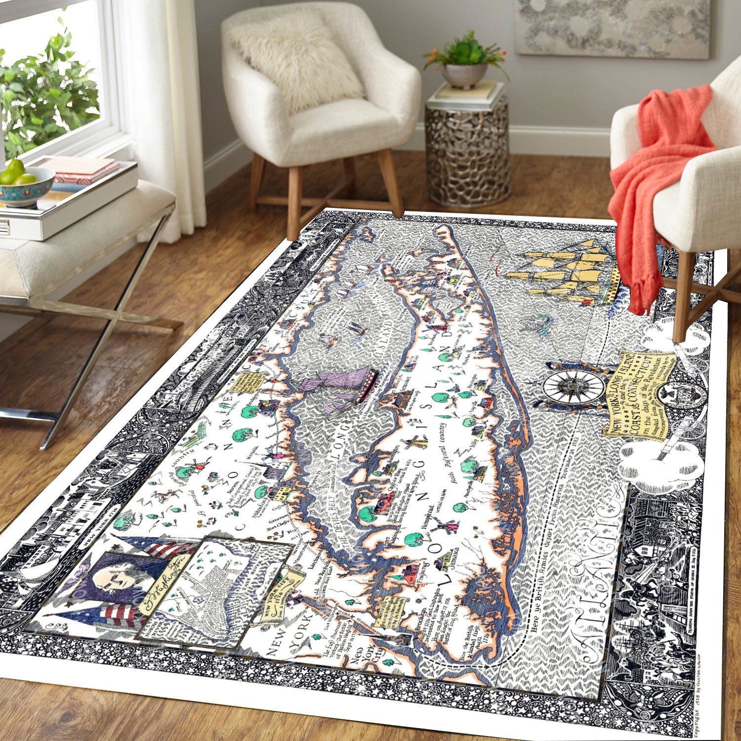 Long Island Ny Revolutionary Map Area Rug 9X Print