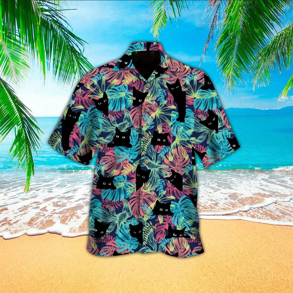 Black Kitten Tropical Hawaiian Shirt
