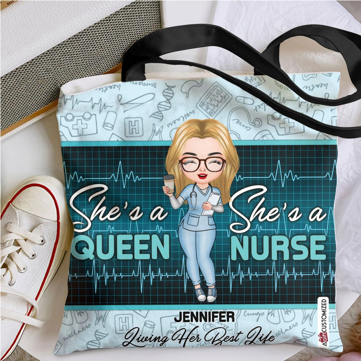 Custom Name Living Her Best Life, Gift For Nurse Tote Bag