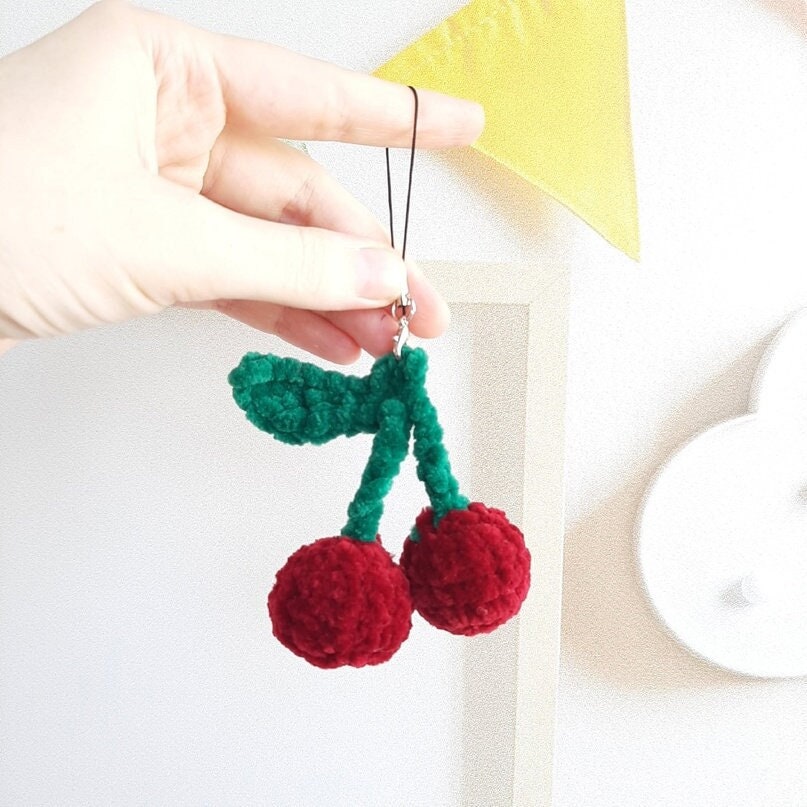 Crochet PATTERN Cherry keychain, no sew, Amigurumi tutorial PDF in English Volotica