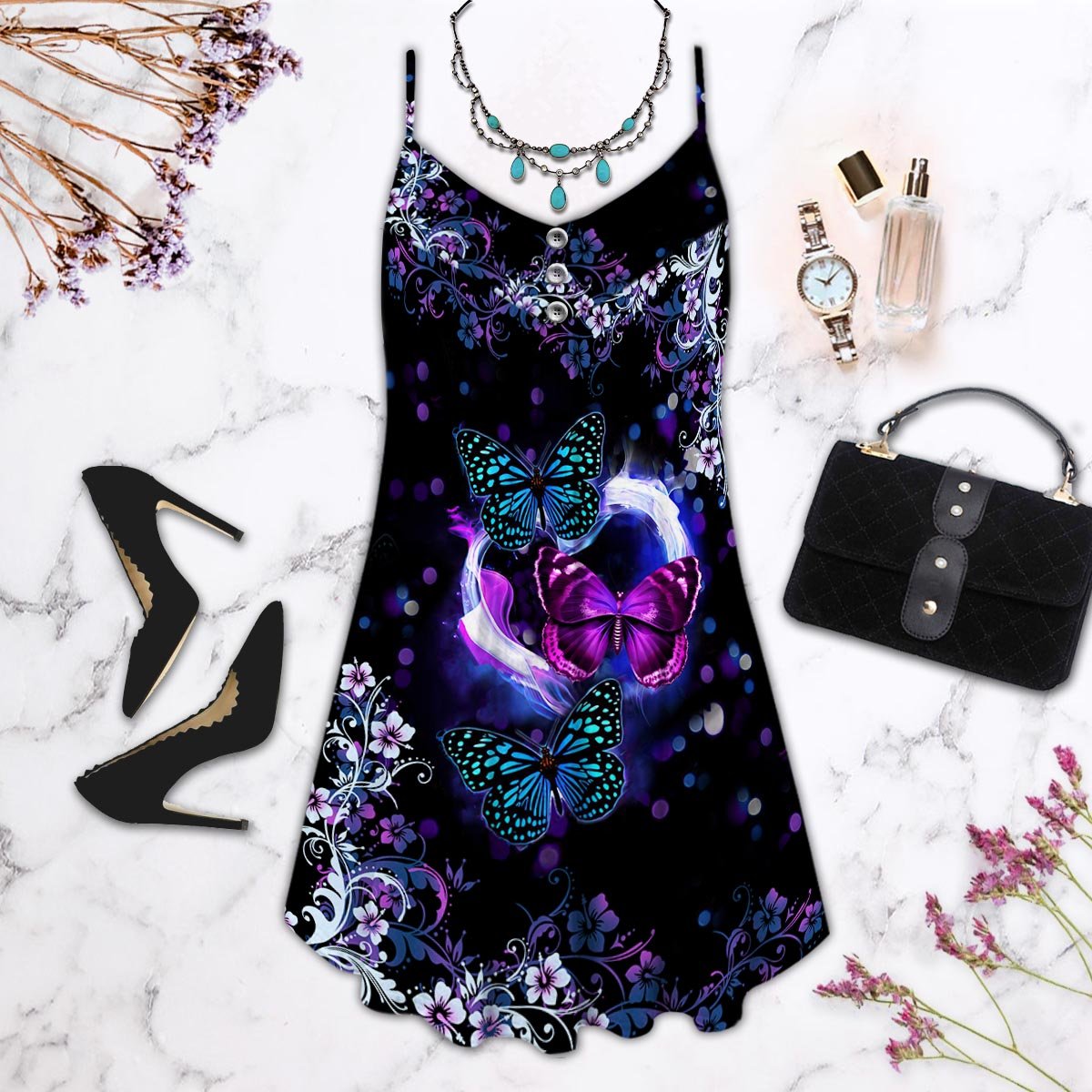 Butterfly Spaghetti With Patterned Flower &#8211 Summer Dress